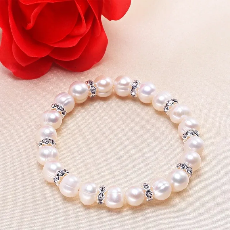 100% White 8-9mm Baroque Natural Freshwater Pearl Strand Bracelet for Women
