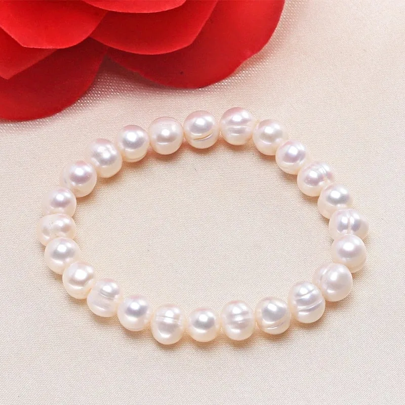 100% White 8-9mm Baroque Natural Freshwater Pearl Strand Bracelet for Women