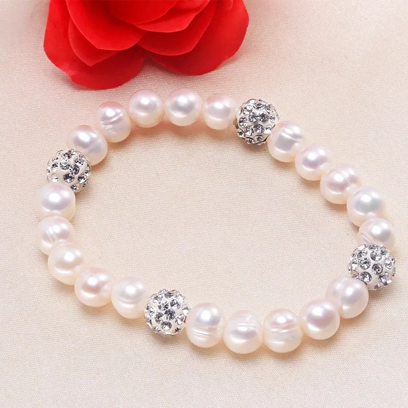 100% White 8-9mm Baroque Natural Freshwater Pearl Strand Bracelet for Women