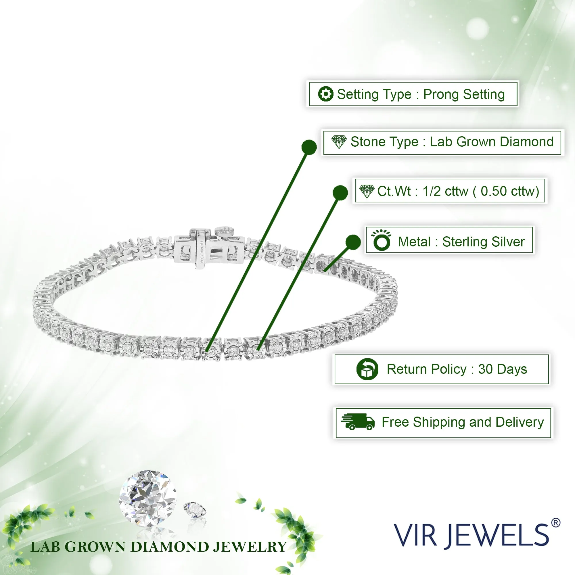 1/2 cttw Round Cut Lab Grown Diamond Tennis Bracelet in .925 Sterling Silver Prong Set