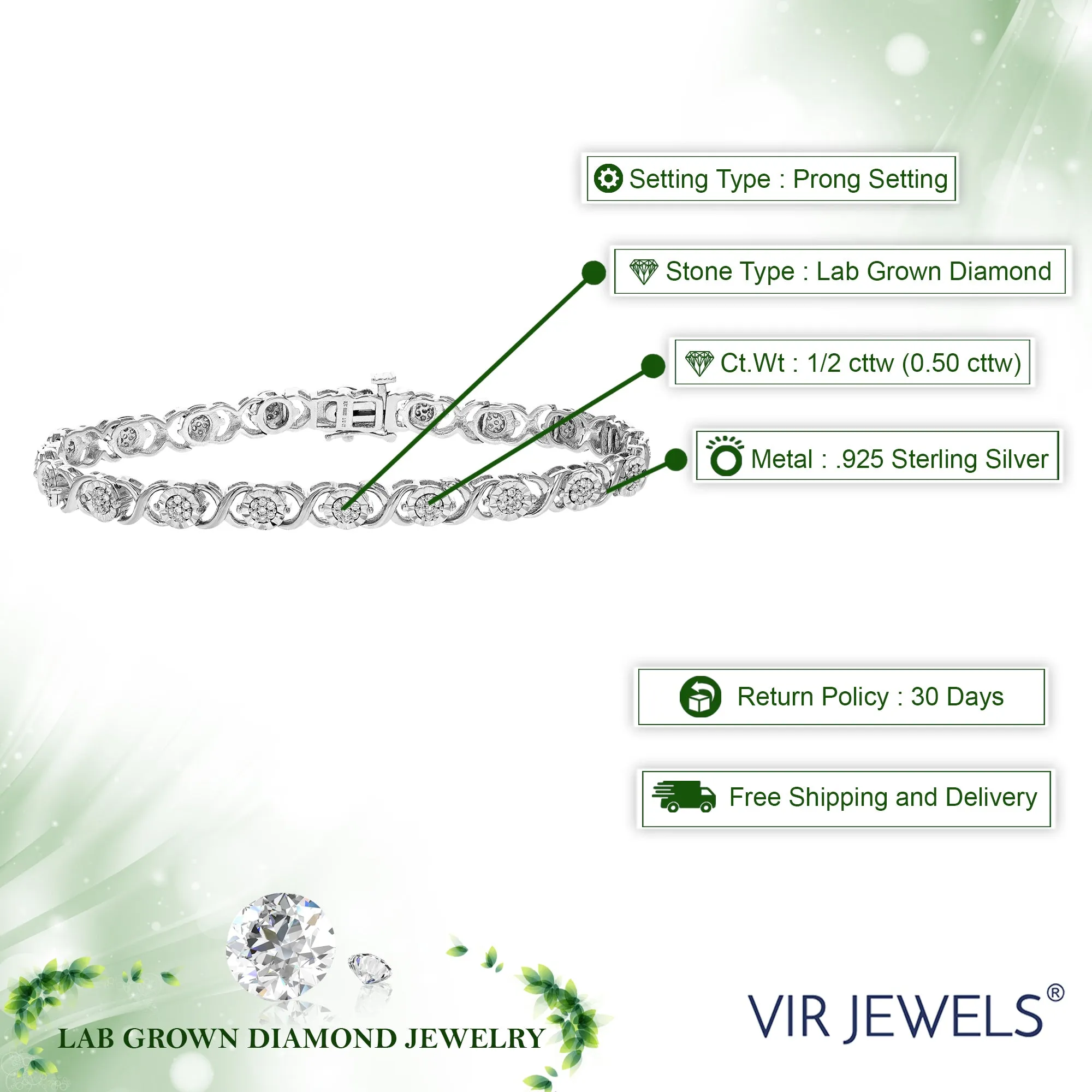 1/2 cttw Round Lab Grown Diamond Tennis Bracelet .925 Sterling Silver Prong Set