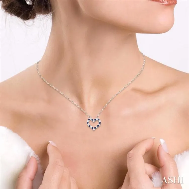 1/4 ctw Open Heart 1.80 MM Round Cut Sapphire and Round Cut Diamond Precious  Fashion Pendant With Chain in 14K White Gold