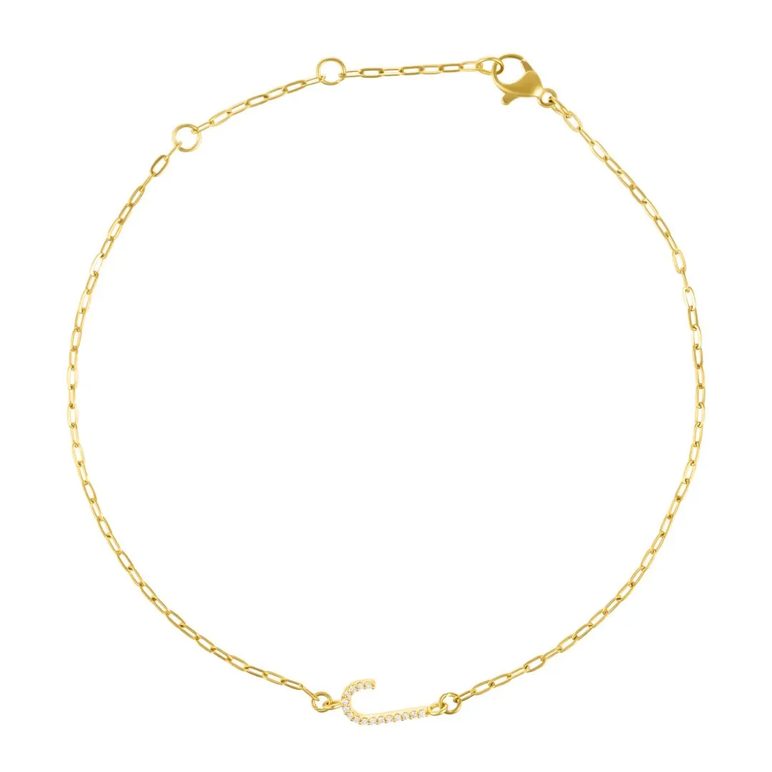 14k Gold Plated Pave CZ Sideways Initial Anklet