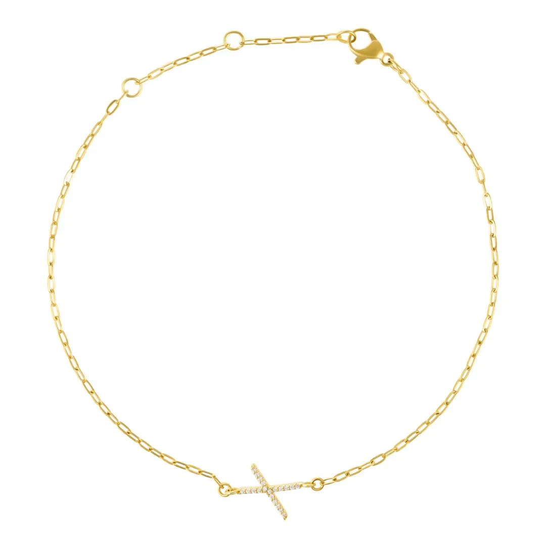 14k Gold Plated Pave CZ Sideways Initial Anklet