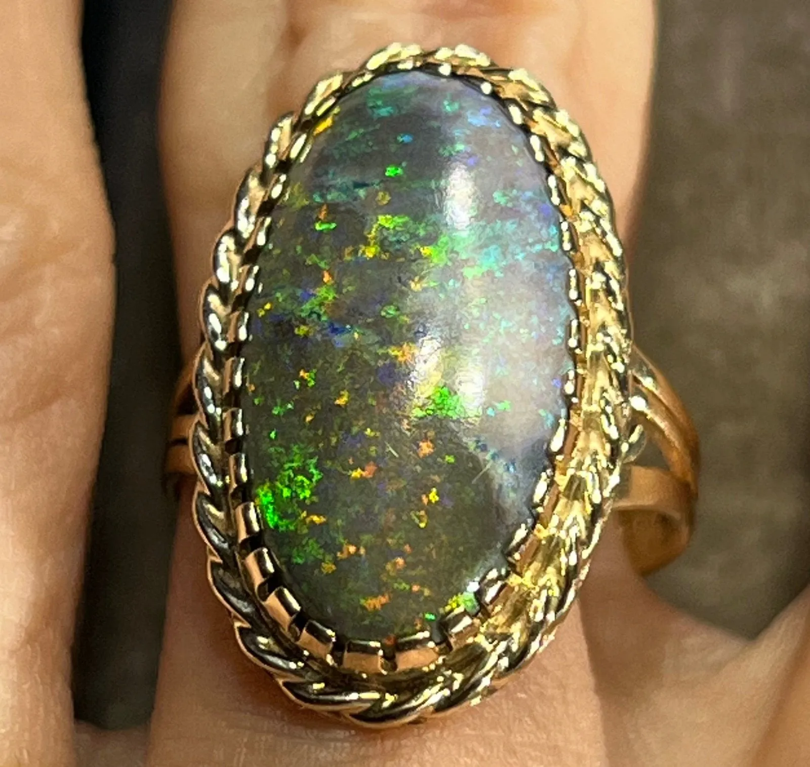 14K Yellow Gold 1" Australian Black Boulder Opal Ring **Video**