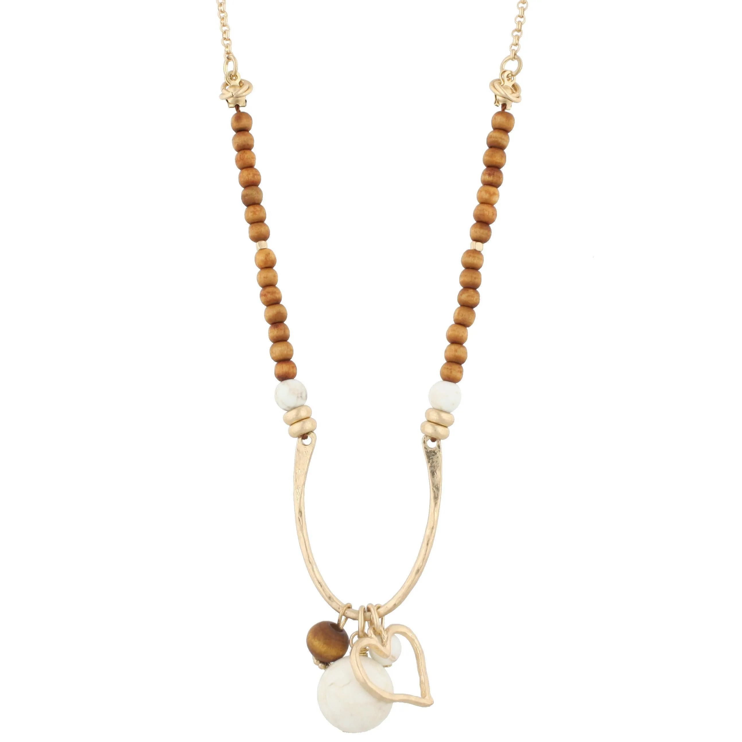 16" Half Wooden Beaded with Wishbone Shape "U" with Heart Charm and Natural Stone, 3" Ext.