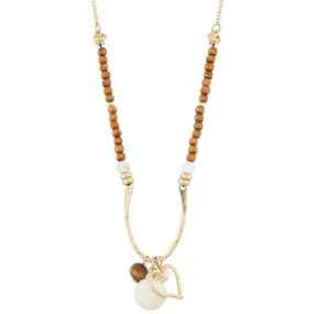 16" Half Wooden Beaded with Wishbone Shape "U" with Heart Charm and Natural Stone, 3" Ext.