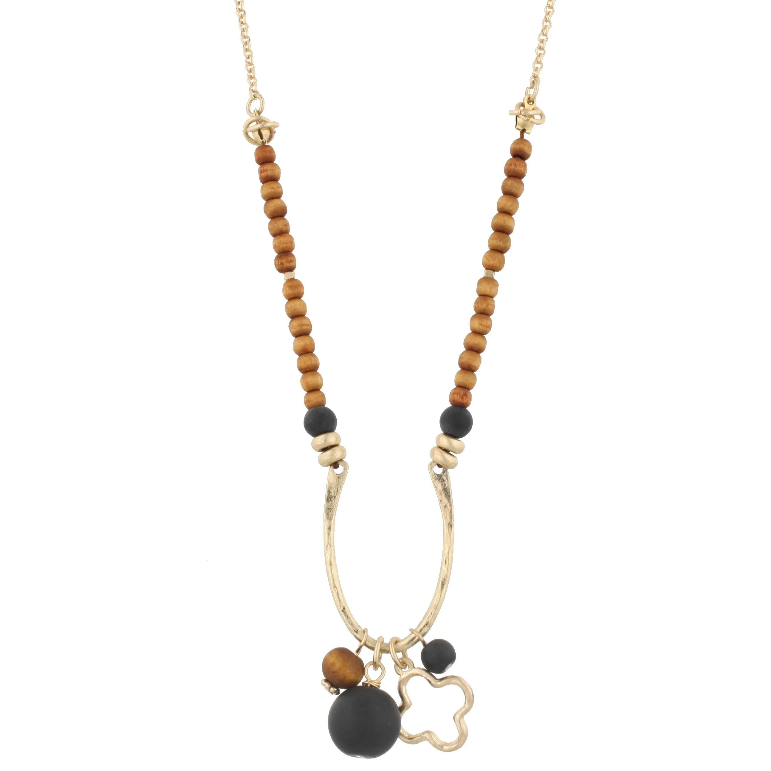 16" Half Wooden Beaded with Wishbone Shape "U" with Quatrefoil Charm and Matte Black Stone, 3" Ext.