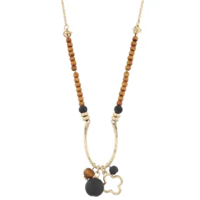 16" Half Wooden Beaded with Wishbone Shape "U" with Quatrefoil Charm and Matte Black Stone, 3" Ext.