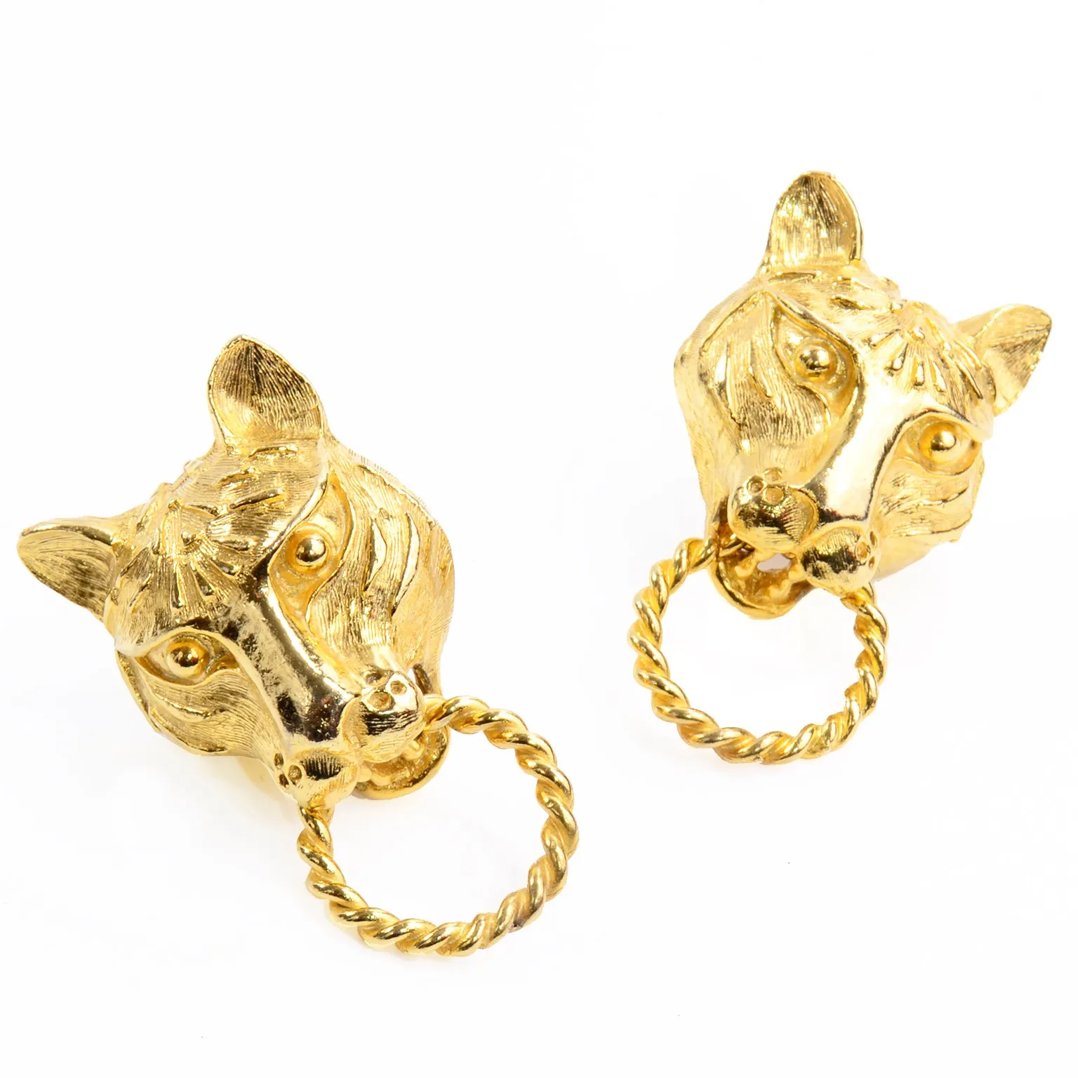 1960s Kenneth Lane Gold Panther or Lioness Head Door Knocker Earrings