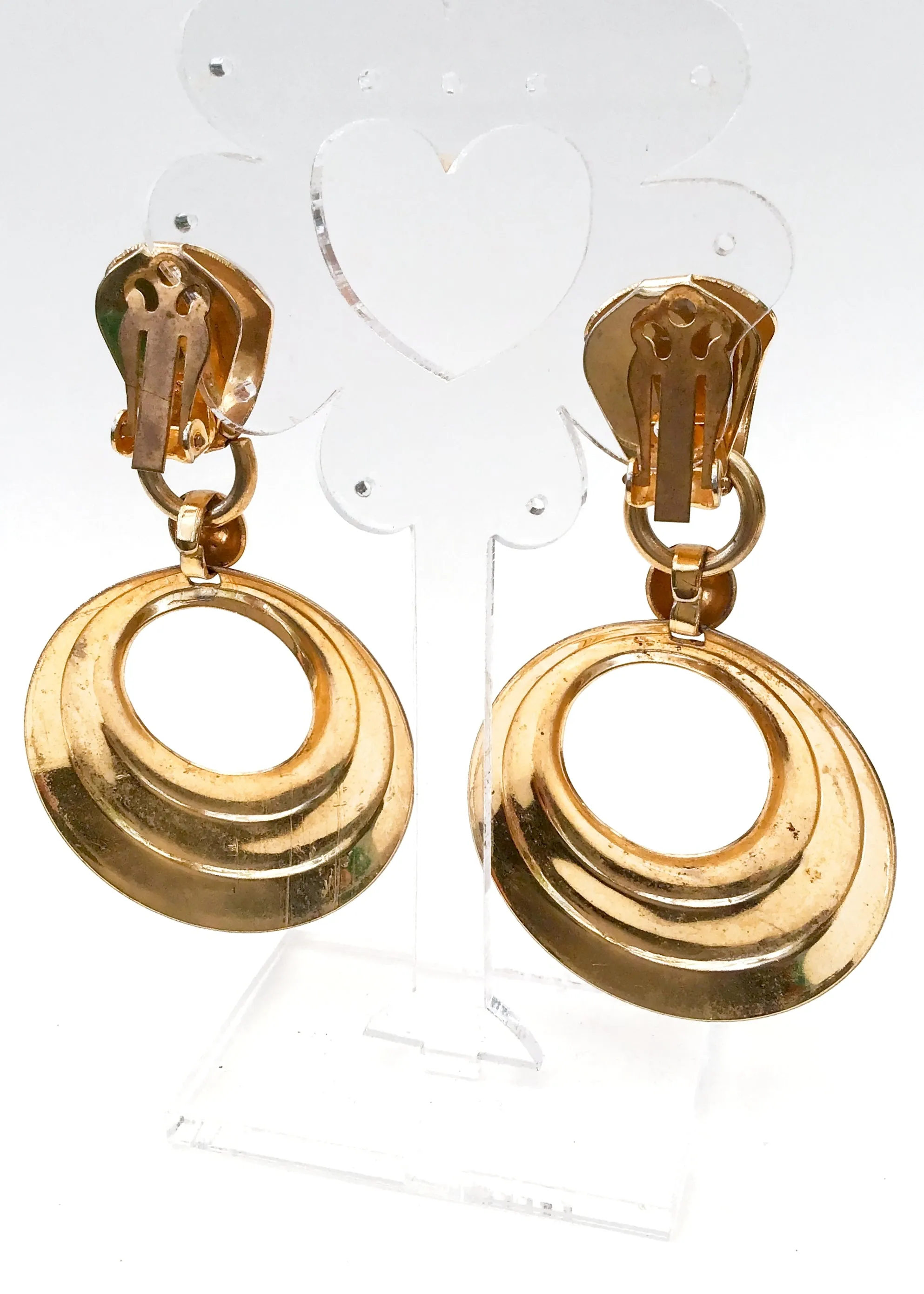 1980s Huge Gold Door Knocker Hoop Earrings • Clip On