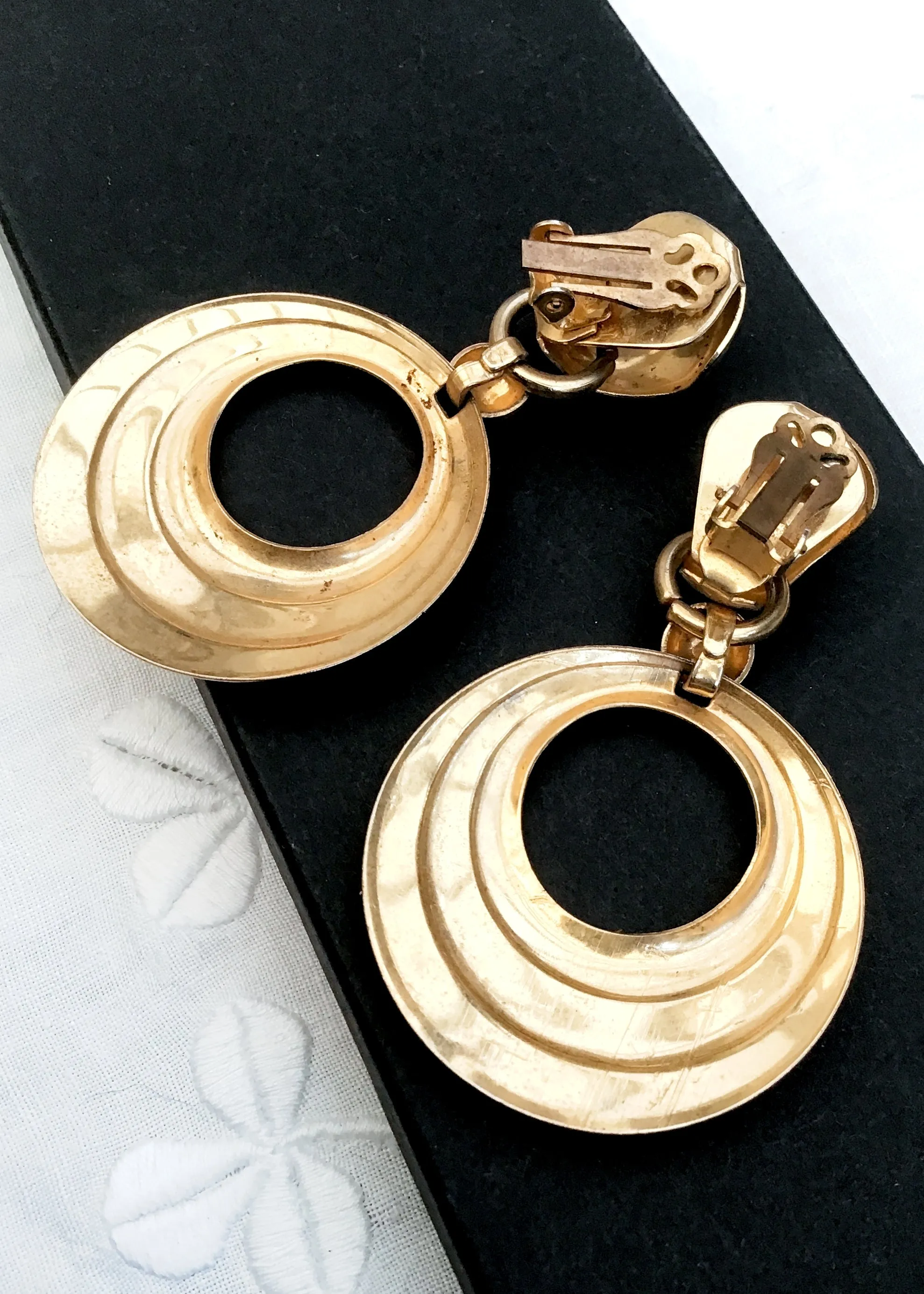 1980s Huge Gold Door Knocker Hoop Earrings • Clip On