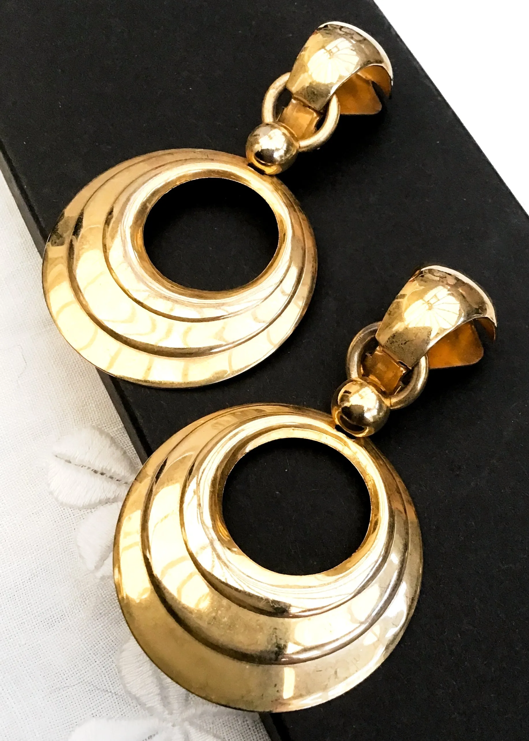 1980s Huge Gold Door Knocker Hoop Earrings • Clip On