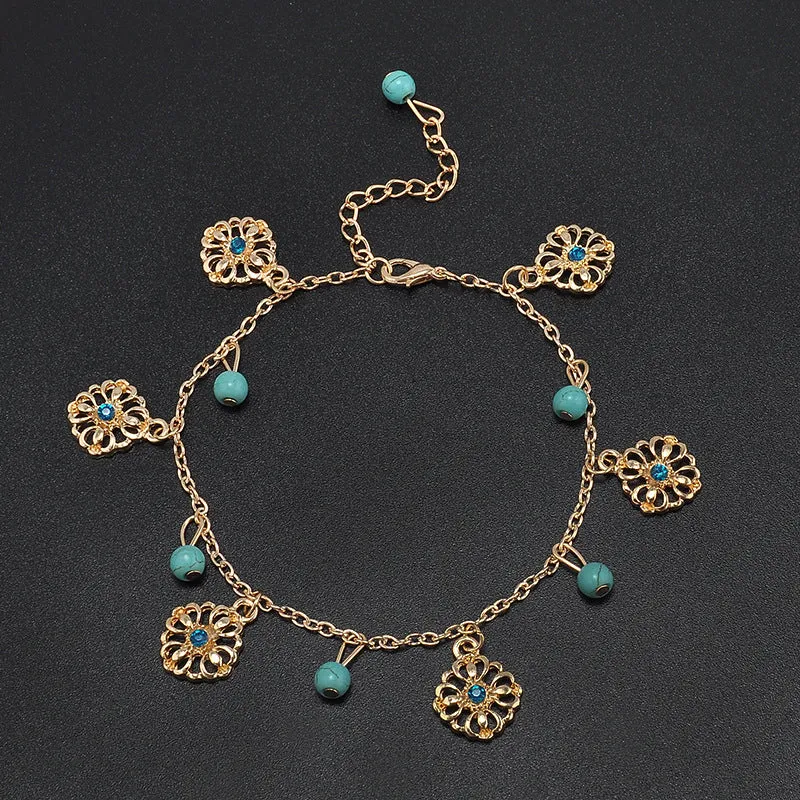 2 Pcs Set Beads Flower Pendant Beach Anklets for Women