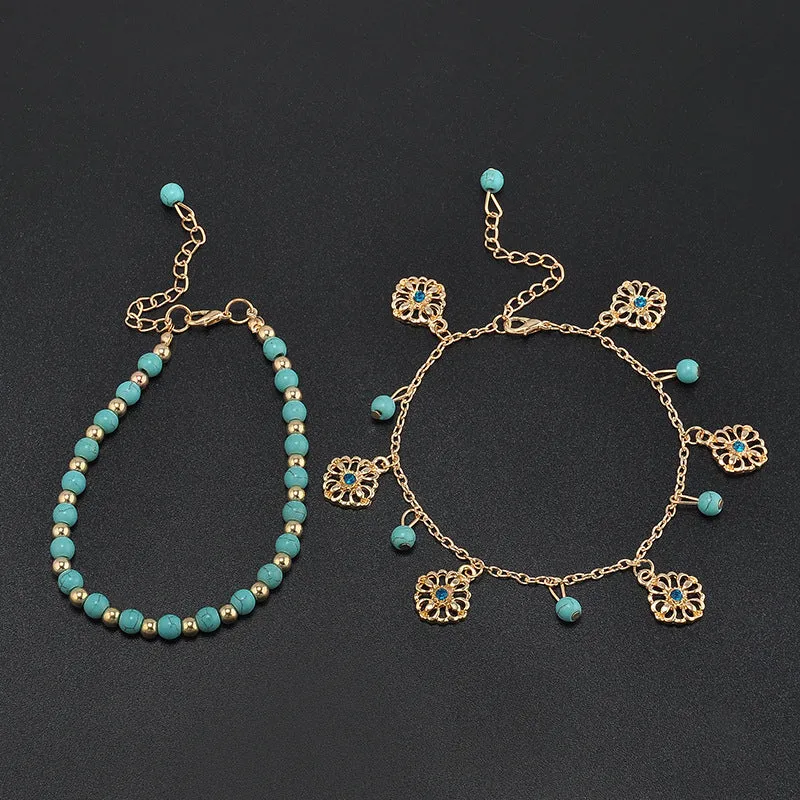 2 Pcs Set Beads Flower Pendant Beach Anklets for Women