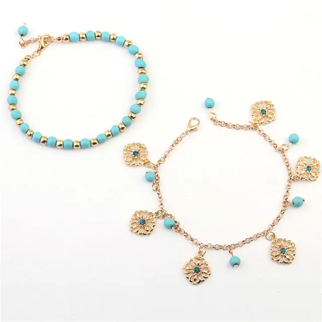 2 Pcs Set Beads Flower Pendant Beach Anklets for Women