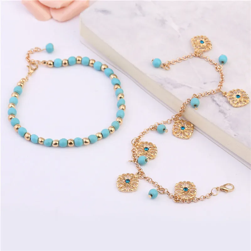 2 Pcs Set Beads Flower Pendant Beach Anklets for Women