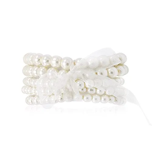 5 Pcs Faux Pearl Bracelet Set for Women Beaded Stretch Strand Bracelets for Bridal Party (White)