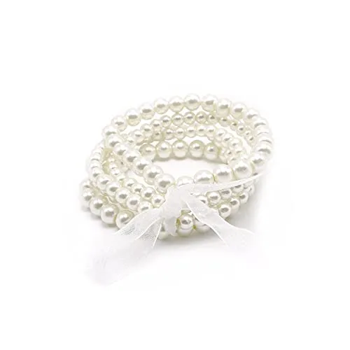 5 Pcs Faux Pearl Bracelet Set for Women Beaded Stretch Strand Bracelets for Bridal Party (White)