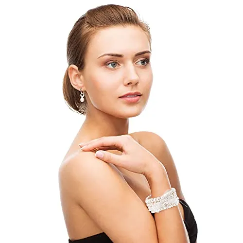 5 Pcs Faux Pearl Bracelet Set for Women Beaded Stretch Strand Bracelets for Bridal Party (White)