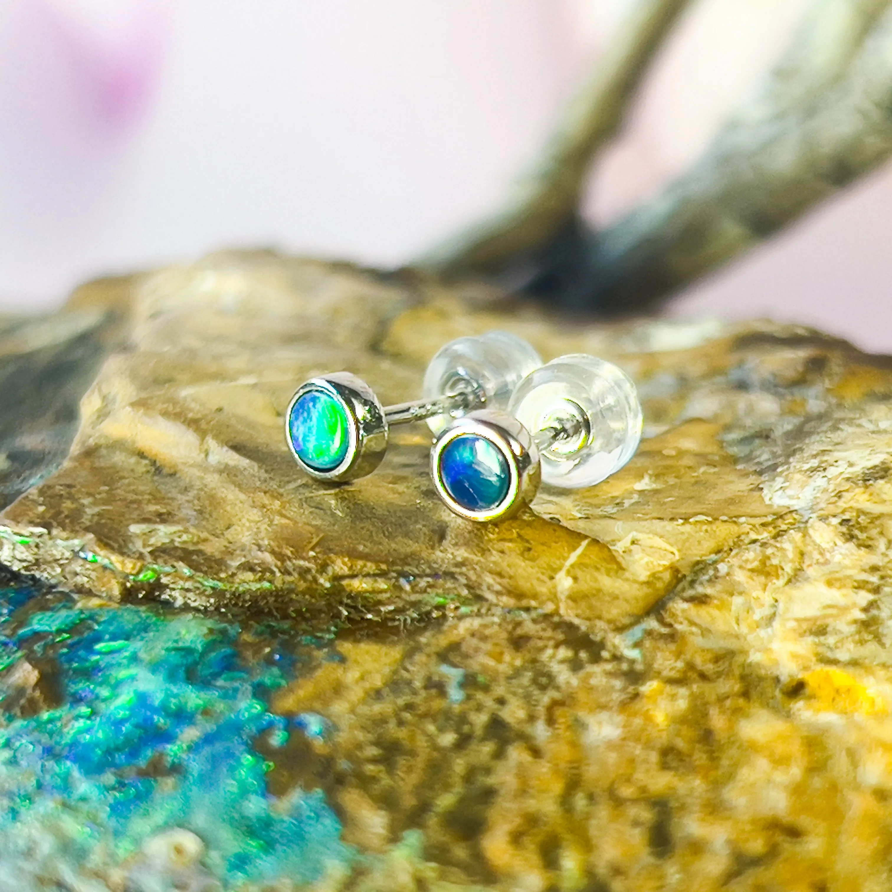 9Kt White Gold 4mm Opal Doublet Studs - Handmade Opal Earrings, Dainty & Minimalist, Ideal Gift for Her & Birthstone Accessory