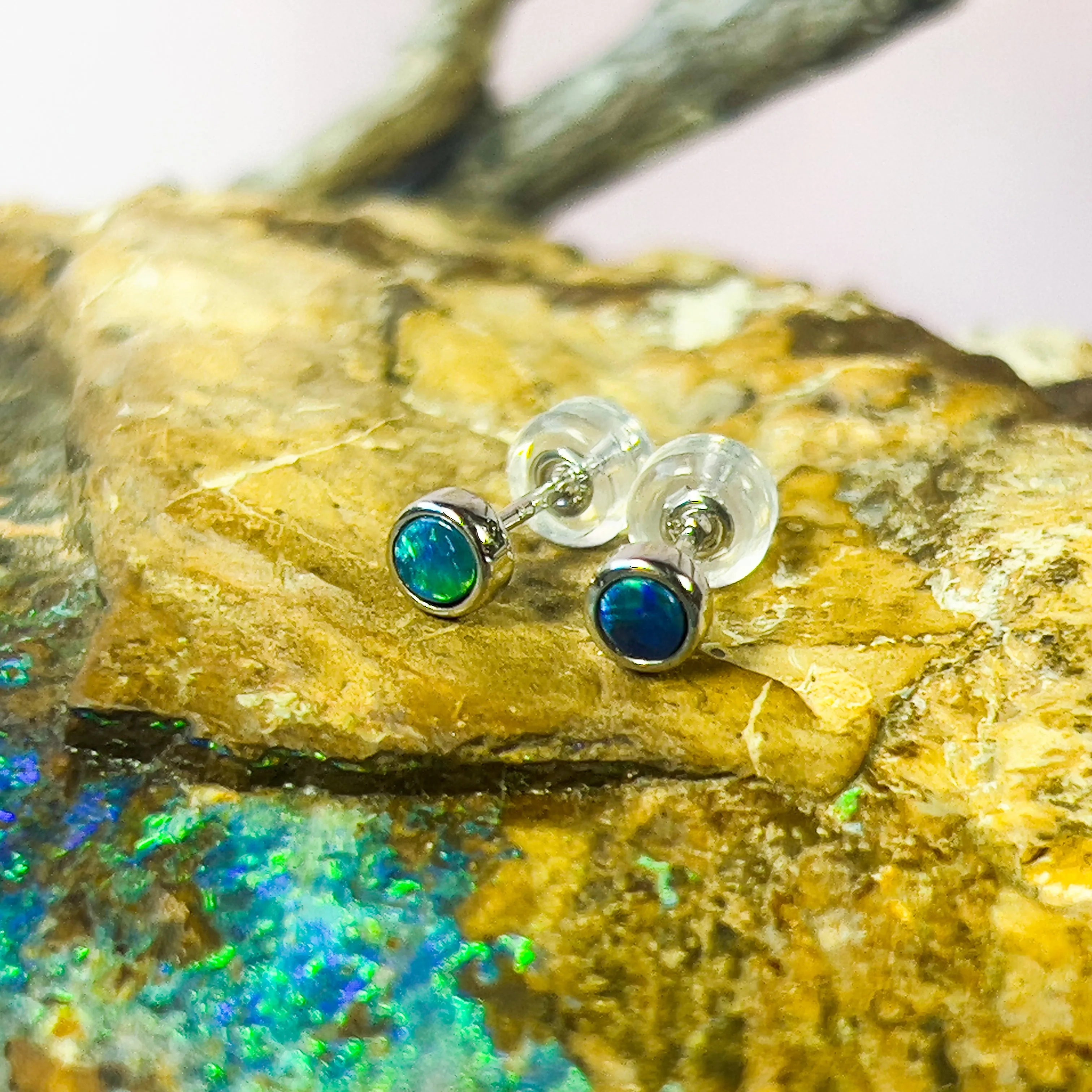 9Kt White Gold 4mm Opal Doublet Studs - Handmade Opal Earrings, Dainty & Minimalist, Ideal Gift for Her & Birthstone Accessory