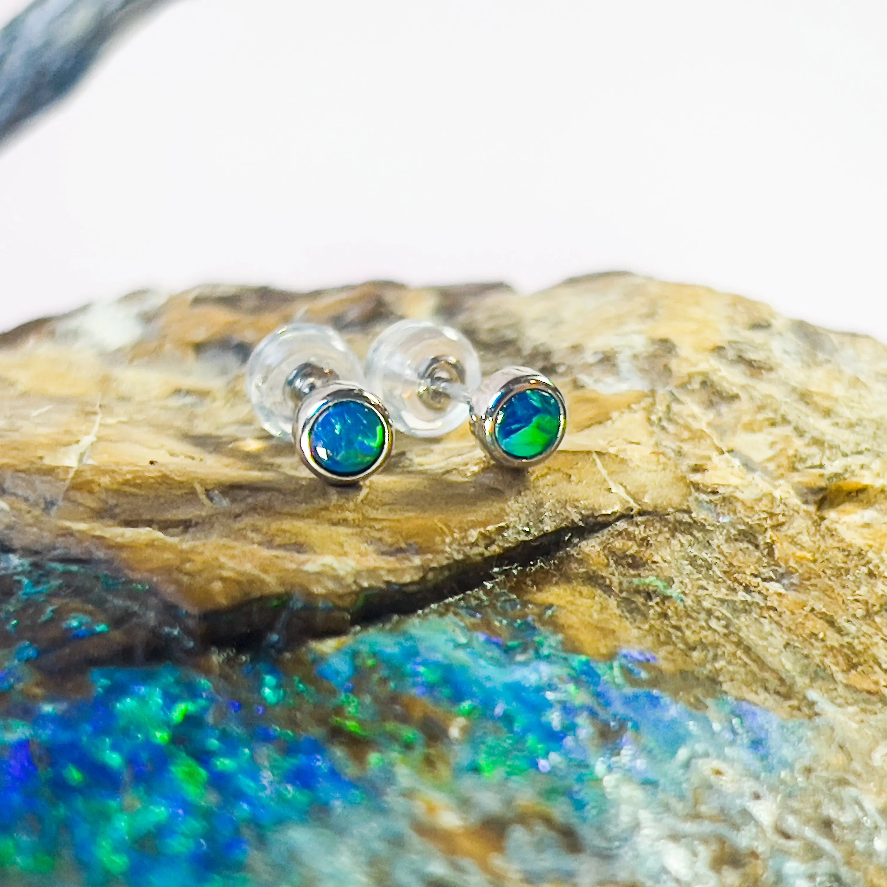 9Kt White Gold 4mm Opal Doublet Studs - Handmade Opal Earrings, Dainty & Minimalist, Ideal Gift for Her & Birthstone Accessory