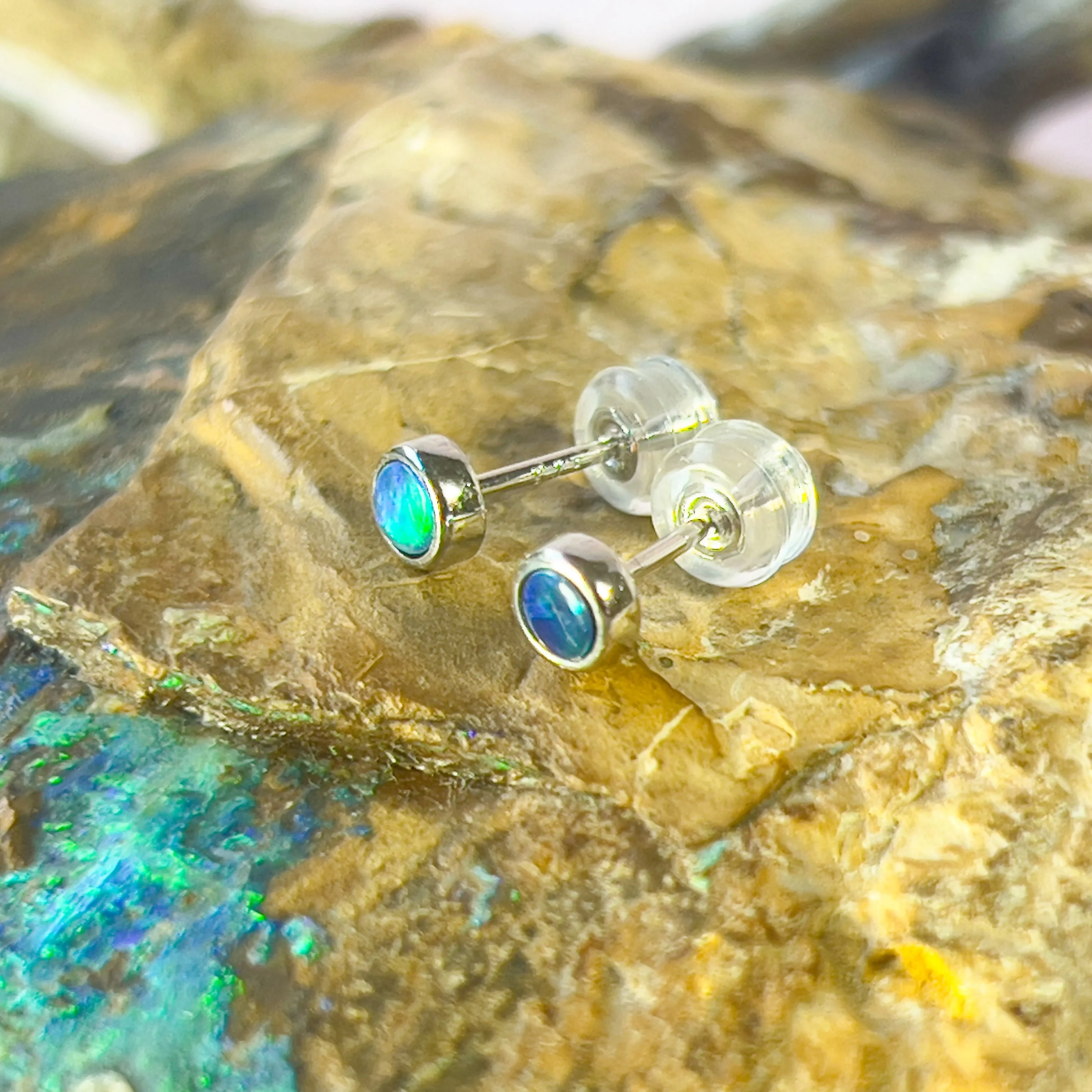 9Kt White Gold 4mm Opal Doublet Studs - Handmade Opal Earrings, Dainty & Minimalist, Ideal Gift for Her & Birthstone Accessory