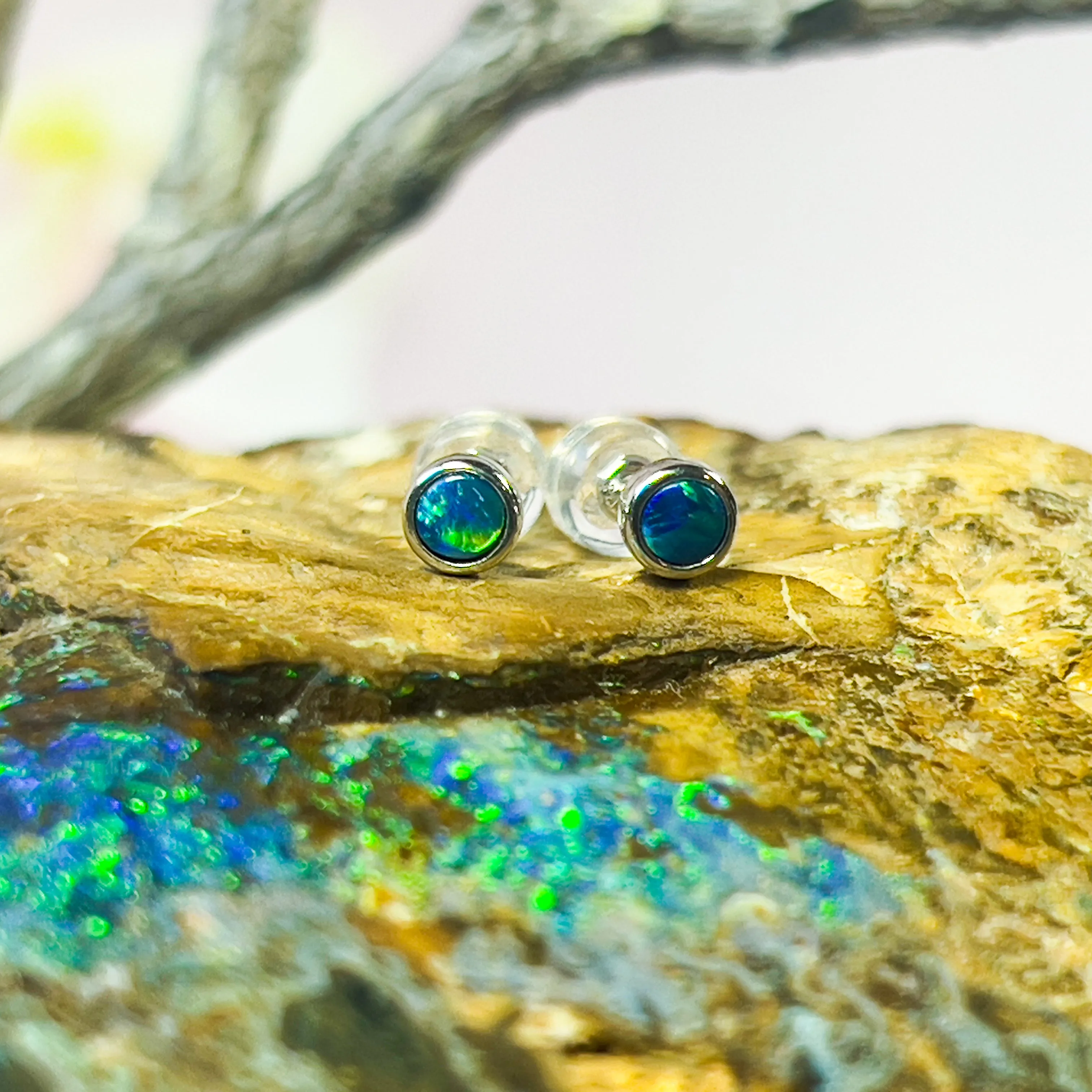 9Kt White Gold 4mm Opal Doublet Studs - Handmade Opal Earrings, Dainty & Minimalist, Ideal Gift for Her & Birthstone Accessory