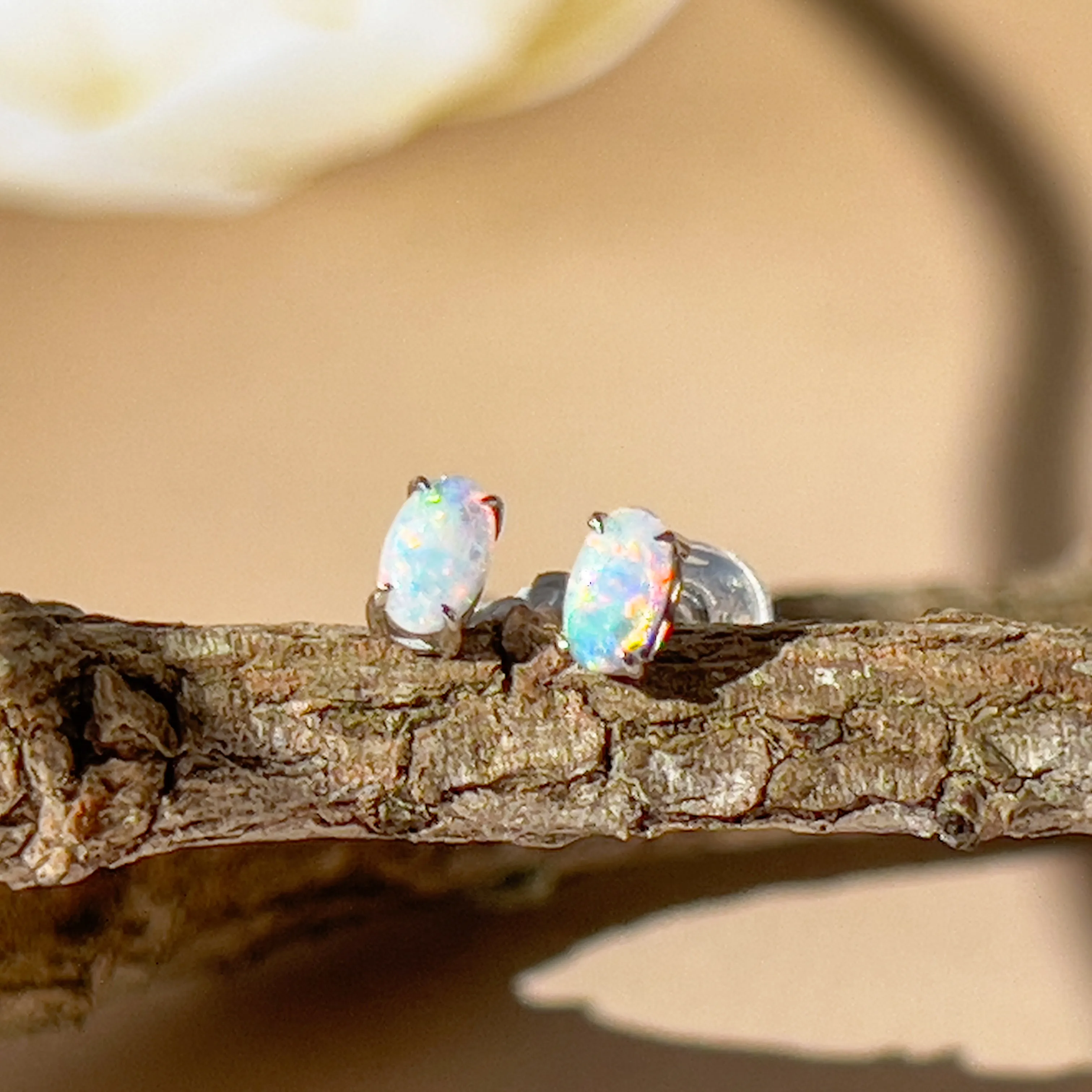 9Kt White Gold Crystal Opal Earrings - 5x3mm 4-Claw Studs, Elegant Opal Jewelry, Perfect Gift for Her, Luxury Gold Stud Earrings