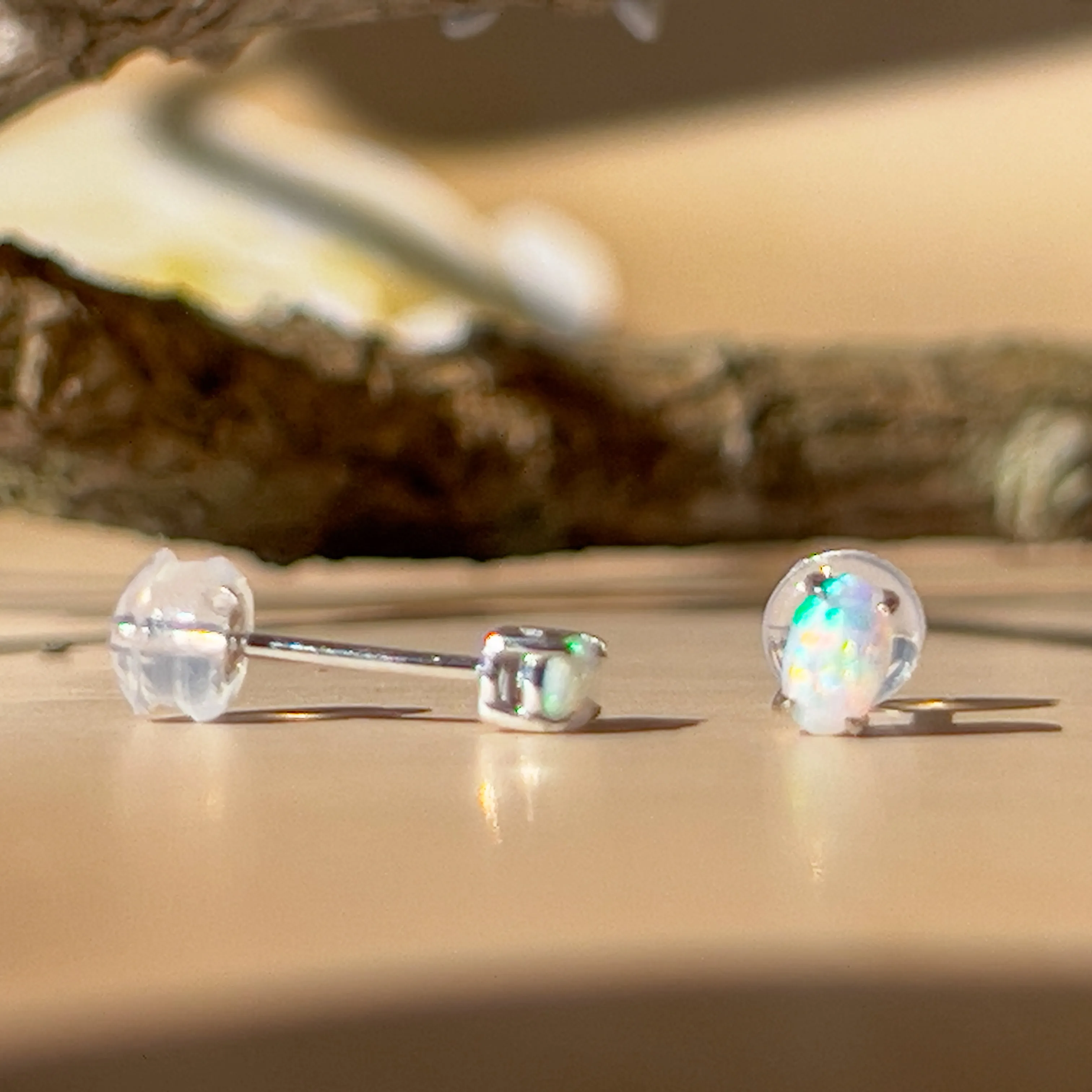 9Kt White Gold Crystal Opal Earrings - 5x3mm 4-Claw Studs, Elegant Opal Jewelry, Perfect Gift for Her, Luxury Gold Stud Earrings