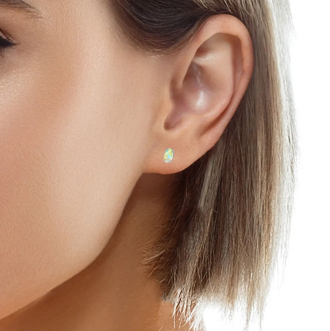 9Kt White Gold Crystal Opal Earrings - 5x3mm 4-Claw Studs, Elegant Opal Jewelry, Perfect Gift for Her, Luxury Gold Stud Earrings