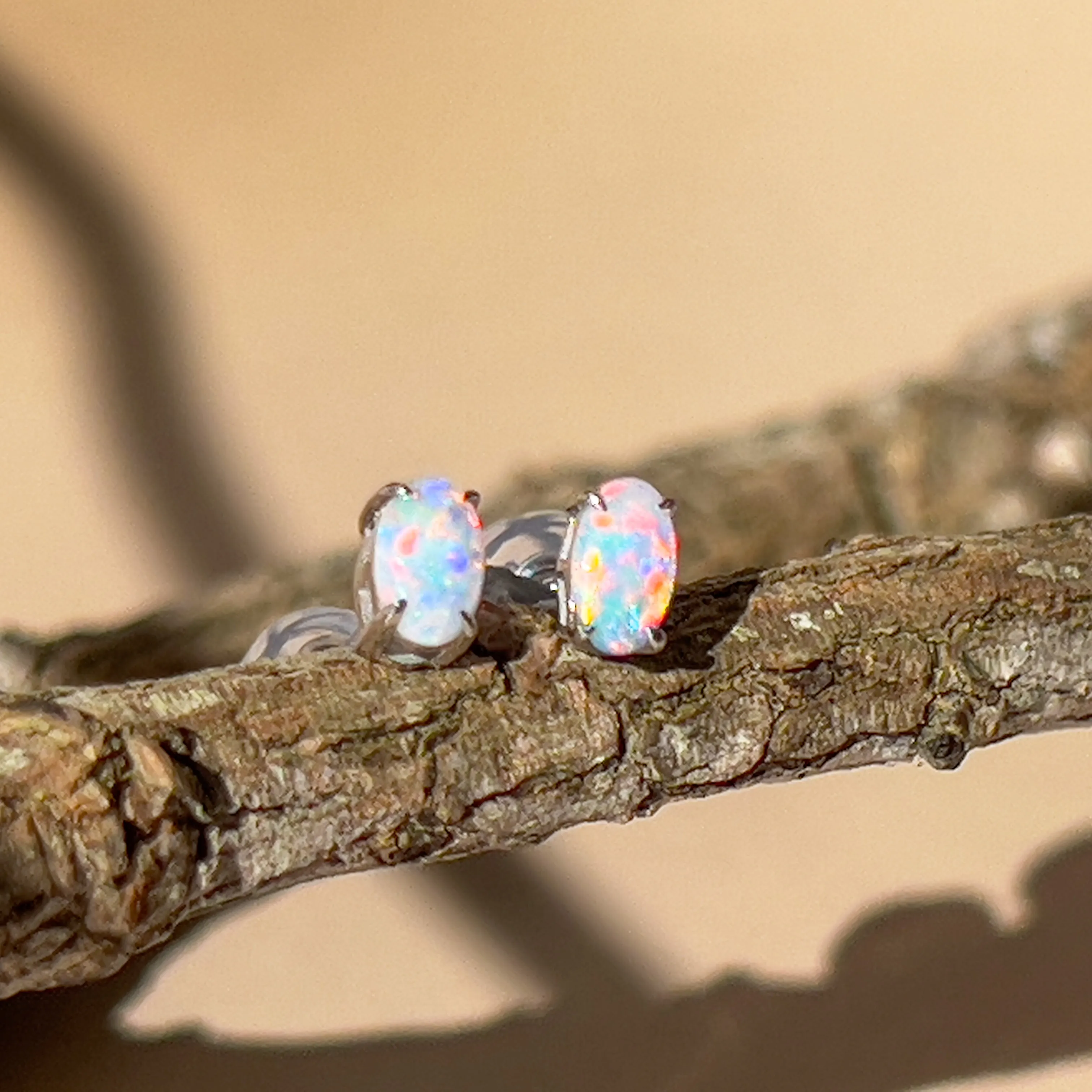 9Kt White Gold Crystal Opal Earrings - 5x3mm 4-Claw Studs, Elegant Opal Jewelry, Perfect Gift for Her, Luxury Gold Stud Earrings