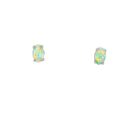 9Kt White Gold Crystal Opal Earrings - 5x3mm 4-Claw Studs, Elegant Opal Jewelry, Perfect Gift for Her, Luxury Gold Stud Earrings