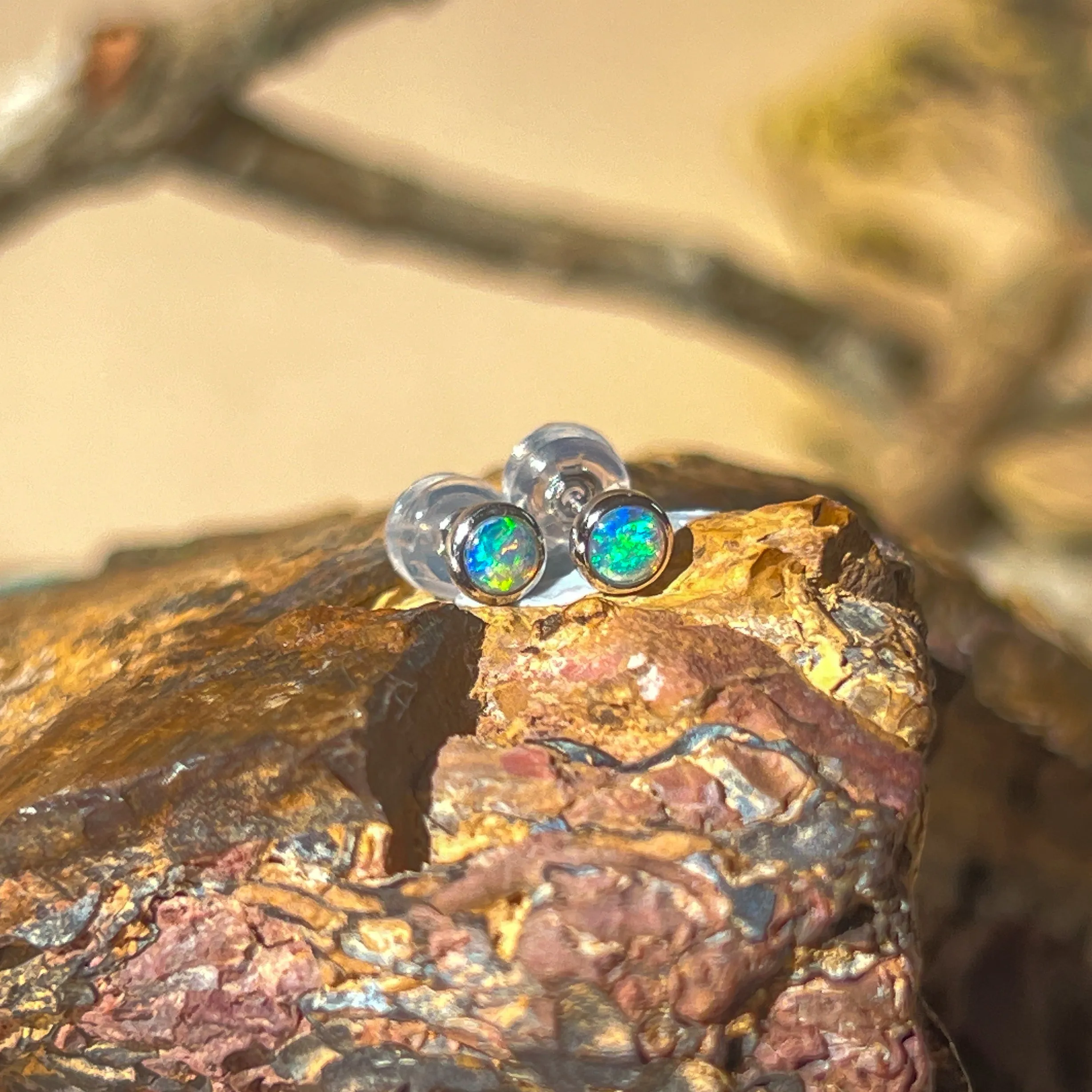 9KT White Gold Crystal Opal Stud Earrings, 4mm, Handmade Dainty Gift for Her, Birthstone Jewelry