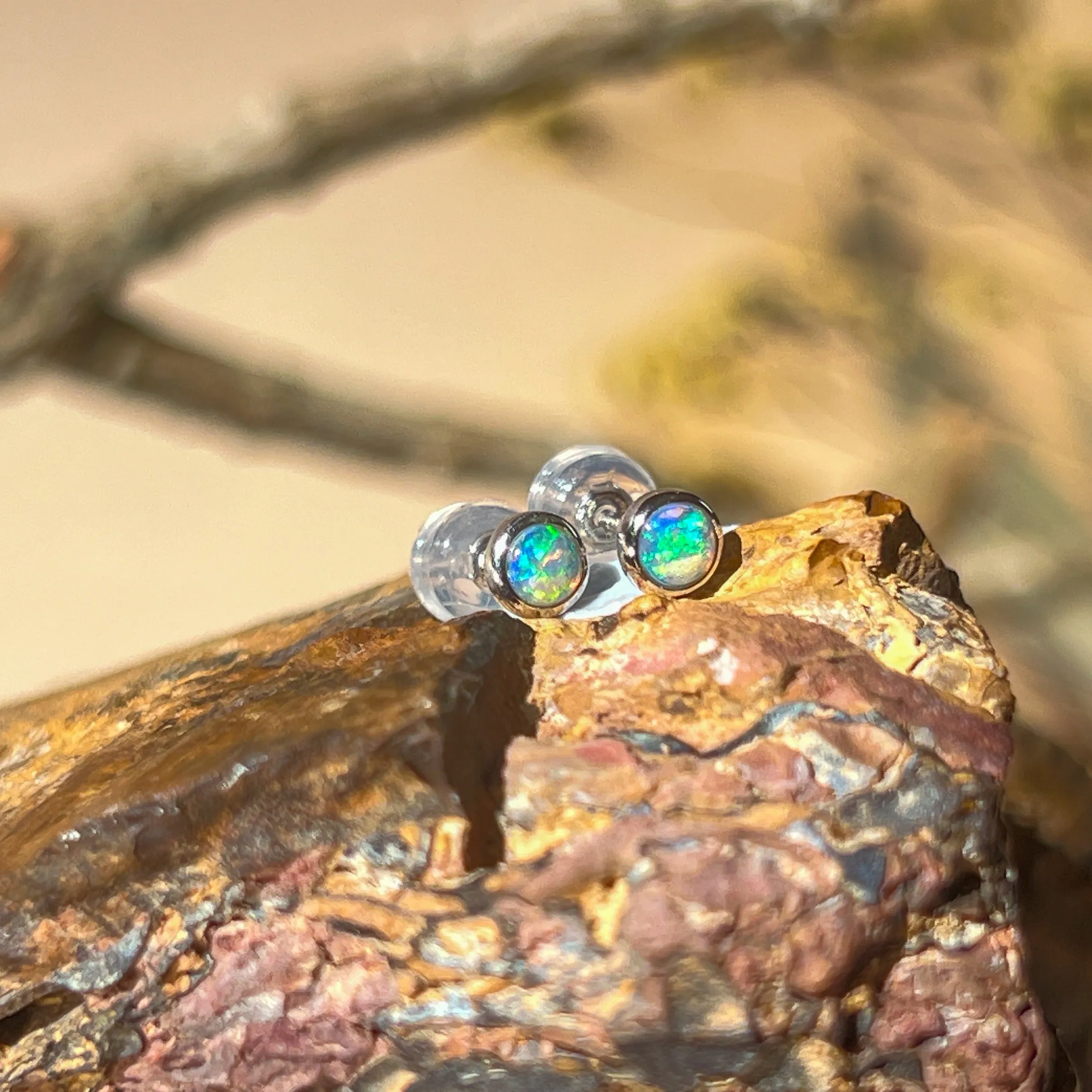 9KT White Gold Crystal Opal Stud Earrings, 4mm, Handmade Dainty Gift for Her, Birthstone Jewelry