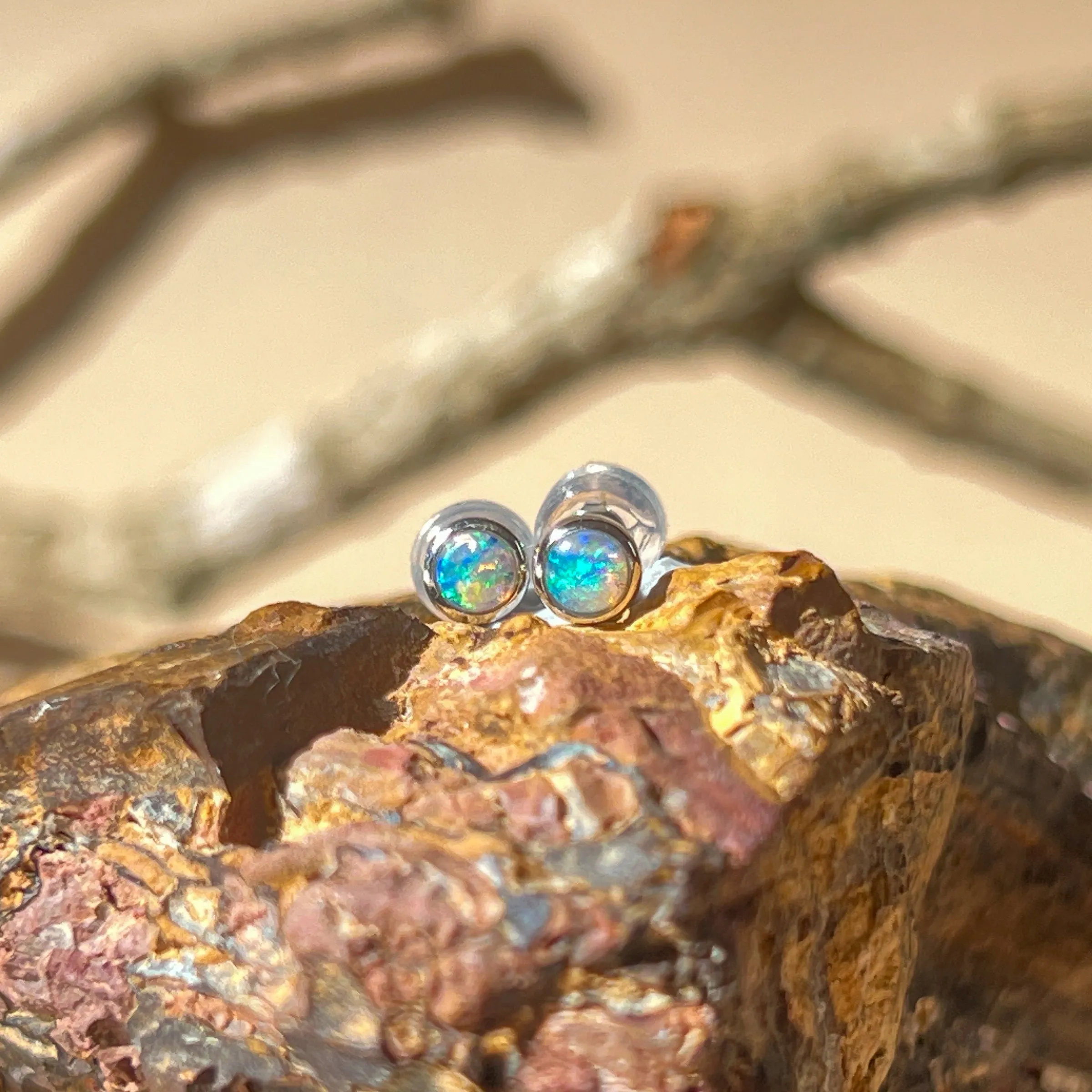9KT White Gold Crystal Opal Stud Earrings, 4mm, Handmade Dainty Gift for Her, Birthstone Jewelry