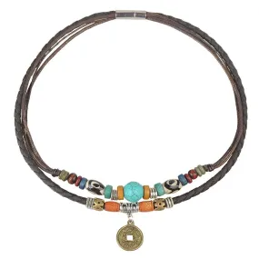 Ancient Tribe Women's Hemp Genuine Leather Turquoise Bead Choker Necklace,15 Inches Brown