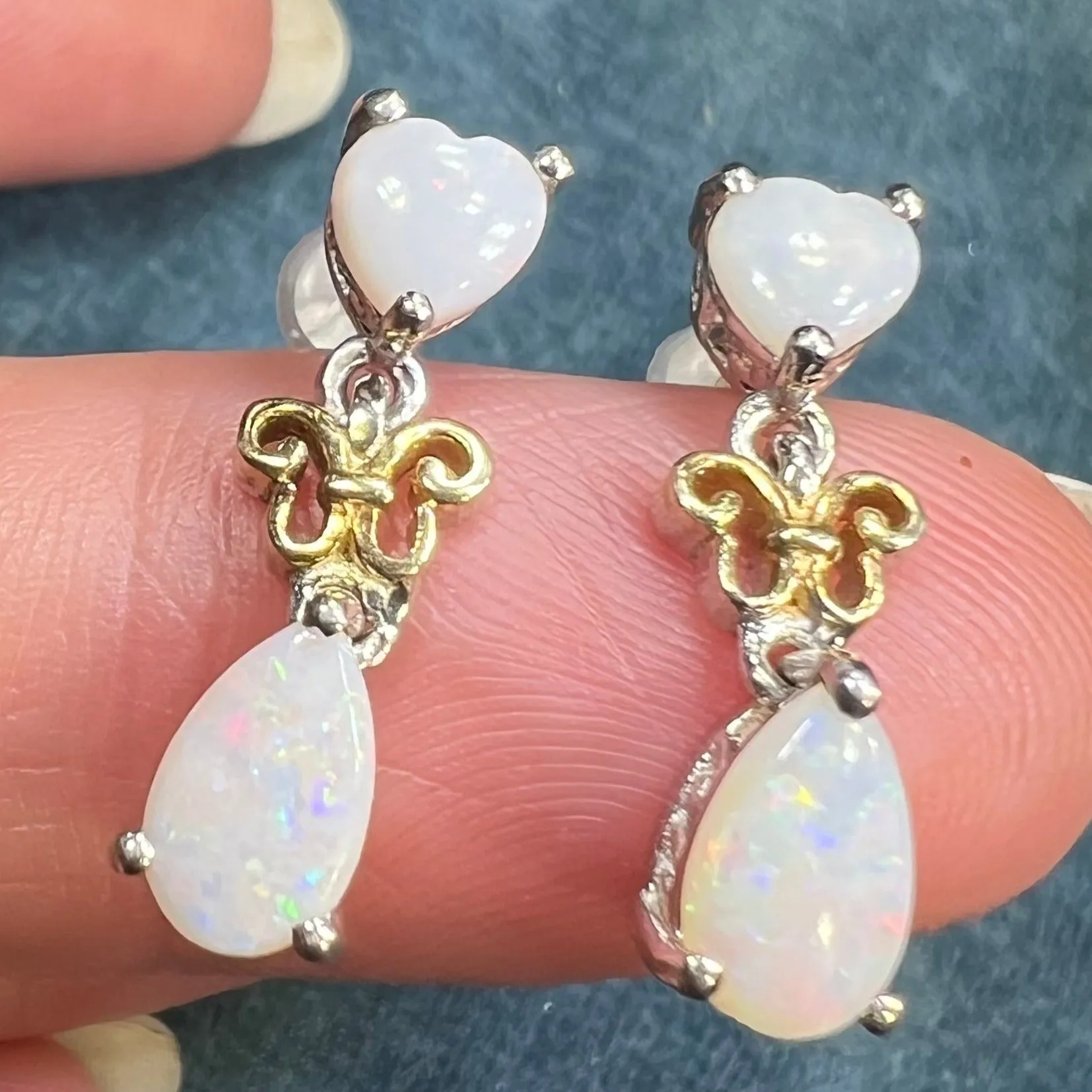 Australian Opal Heart   Teardrop Dangle Earrings in Sterling Silver