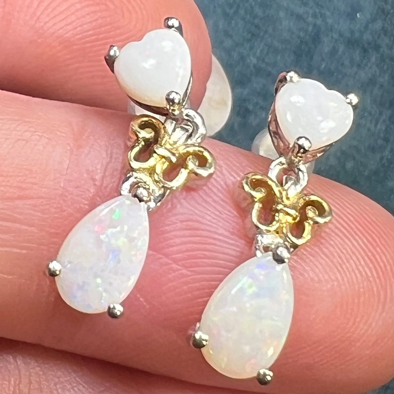 Australian Opal Heart   Teardrop Dangle Earrings in Sterling Silver