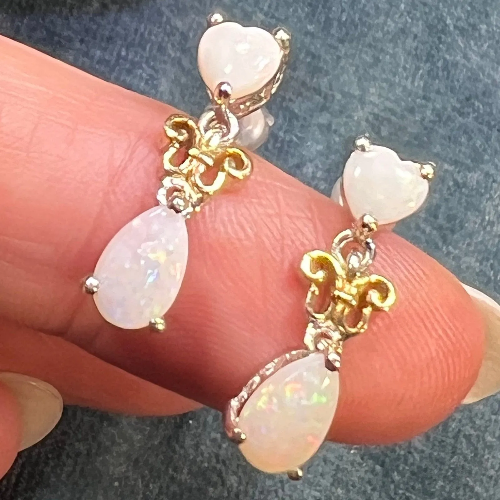 Australian Opal Heart   Teardrop Dangle Earrings in Sterling Silver