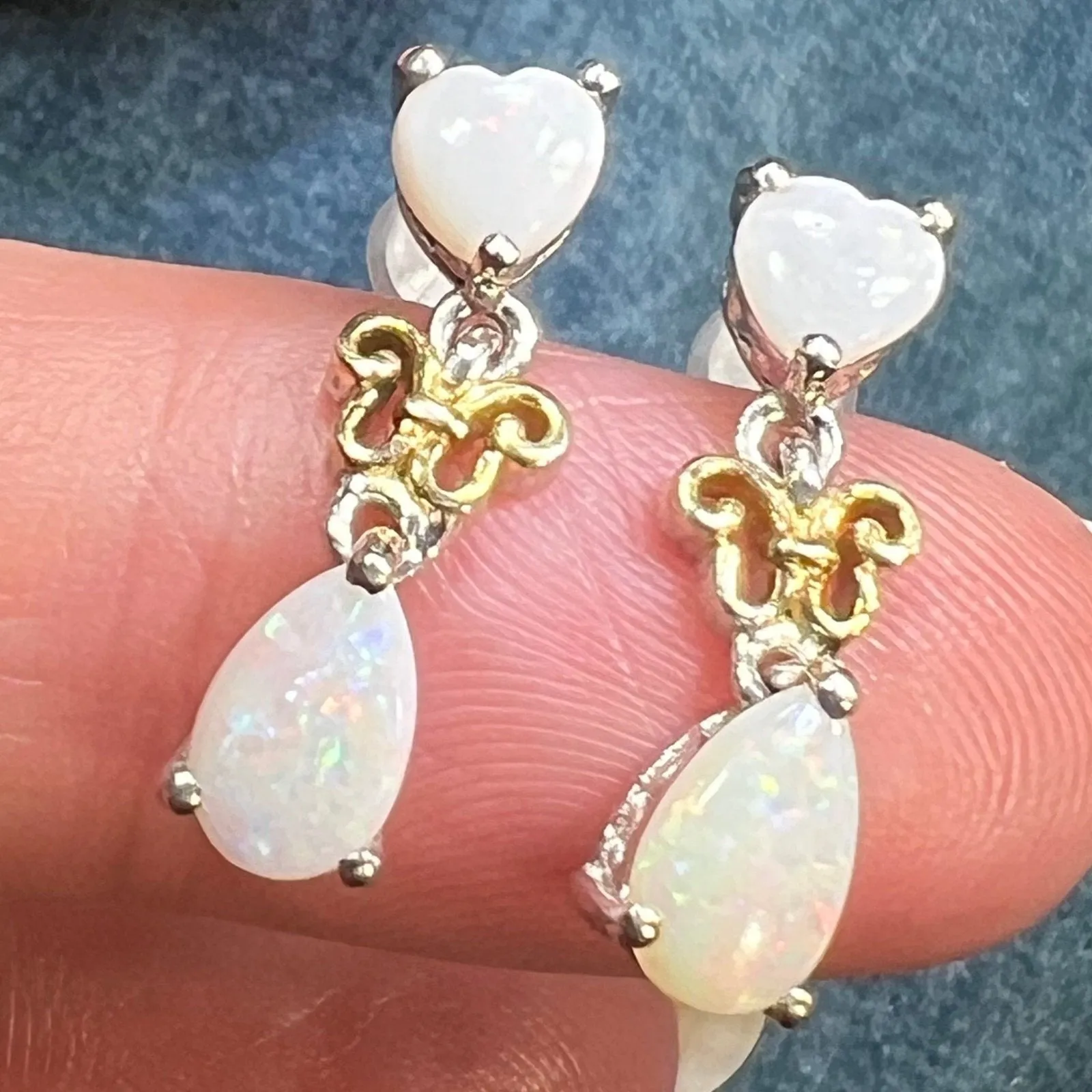 Australian Opal Heart   Teardrop Dangle Earrings in Sterling Silver