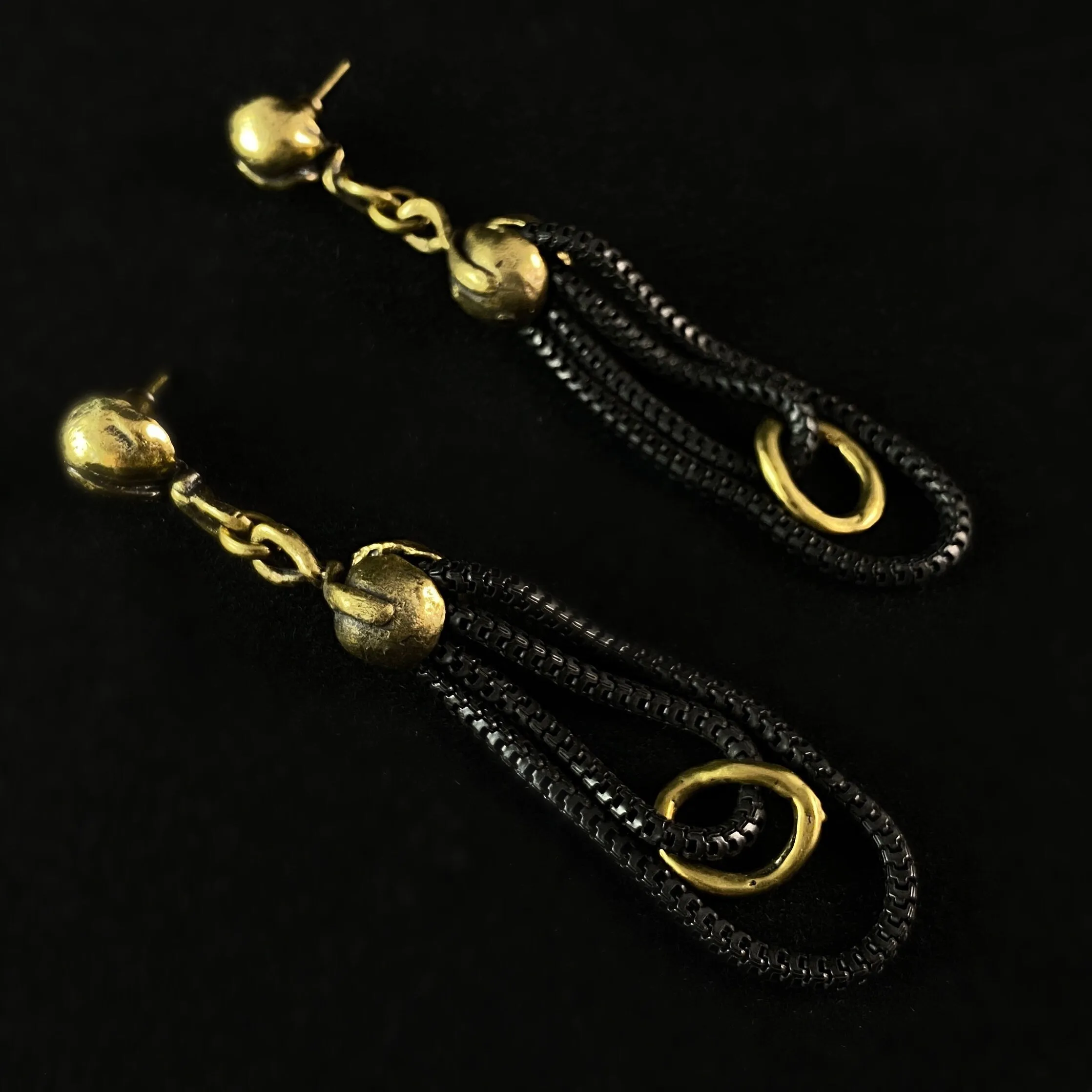 Black Chain and Gold Detail Drop Earrings, Handmade, Nickel Free - Elegant Minimalist Jewelry for Women-Noir