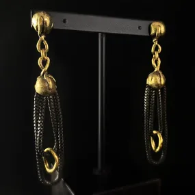 Black Chain and Gold Detail Drop Earrings, Handmade, Nickel Free - Elegant Minimalist Jewelry for Women-Noir