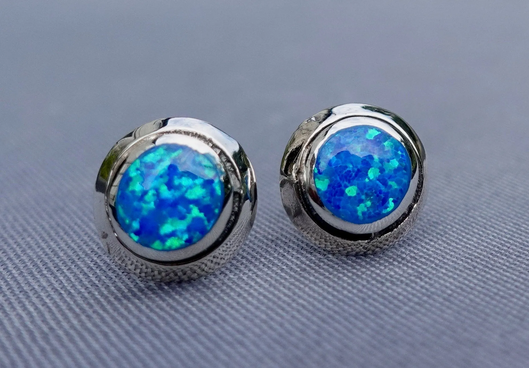 Blue Opal Opalique Round Silver Studs, OPS5BOP