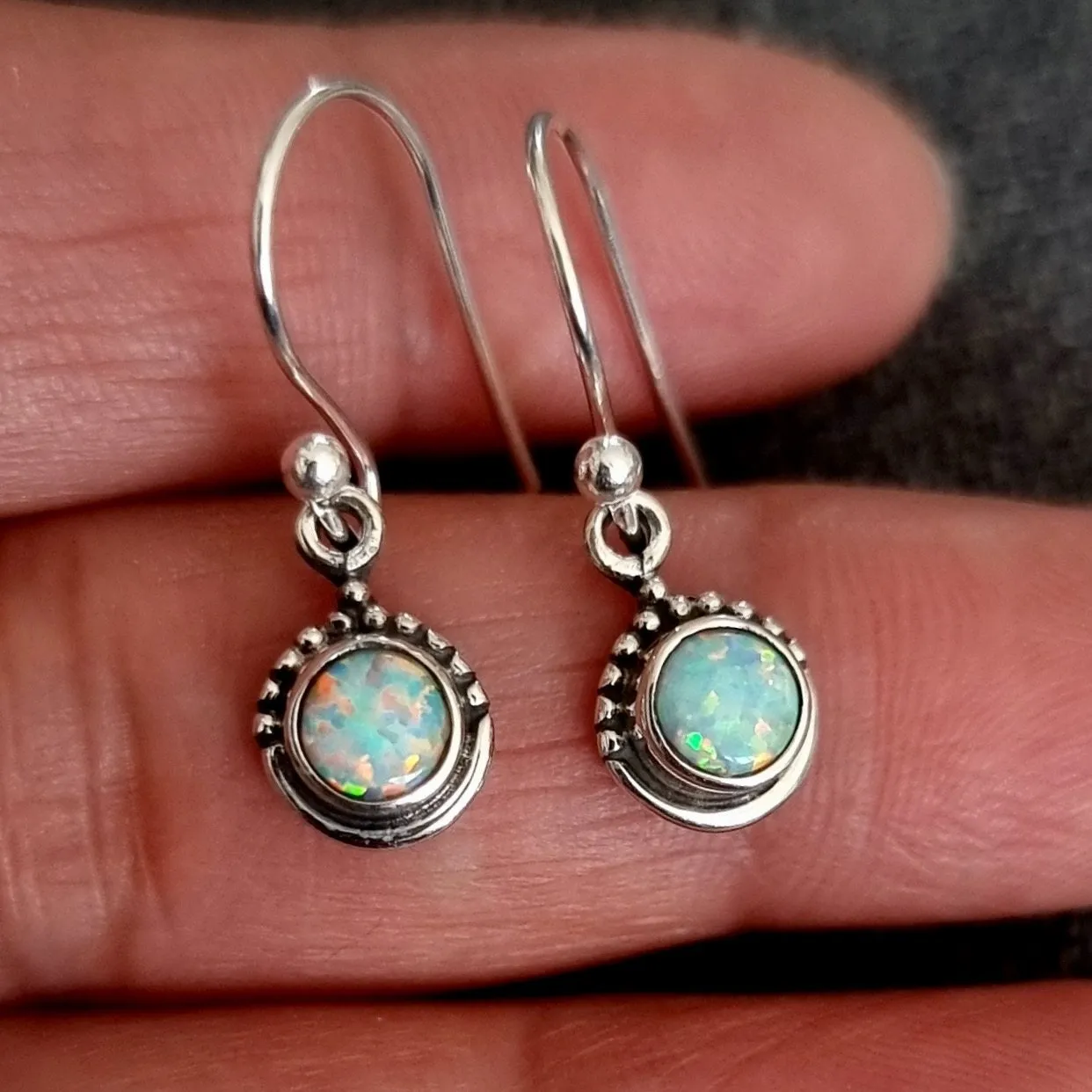 Boho Round 5mm White Opal 925 Silver Earrings, E91WOP
