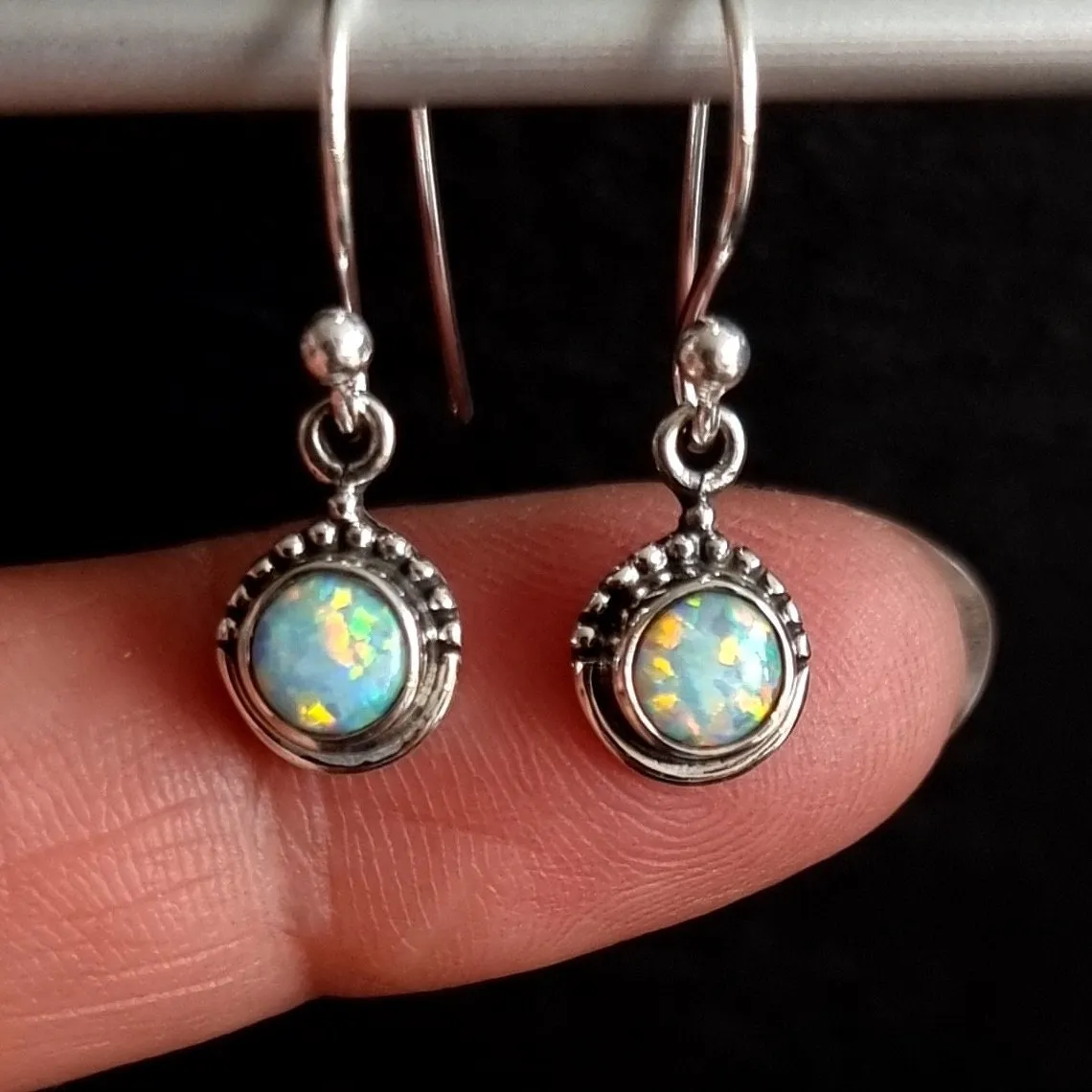 Boho Round 5mm White Opal 925 Silver Earrings, E91WOP