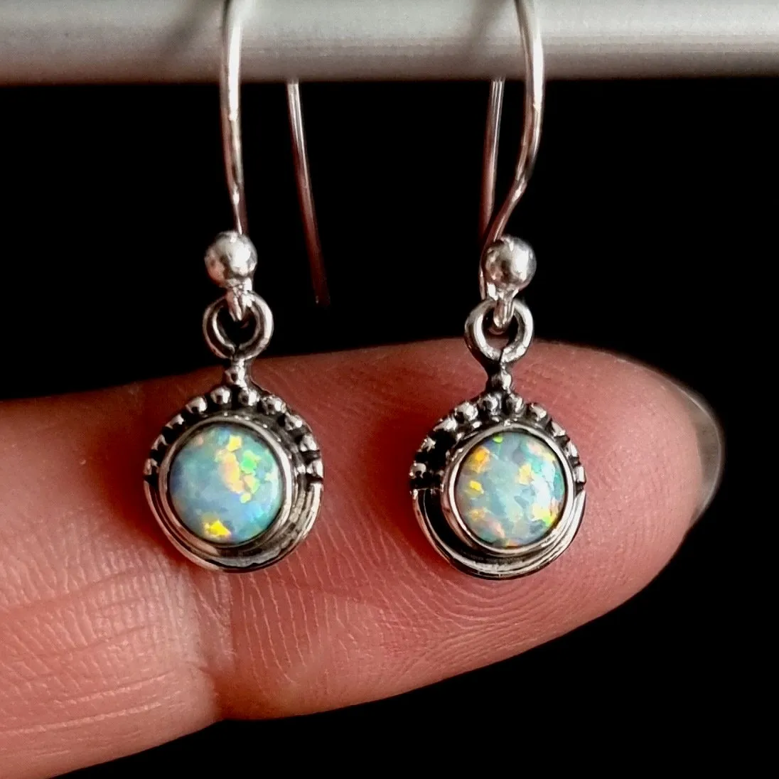 Boho Round 5mm White Opal 925 Silver Earrings, E91WOP