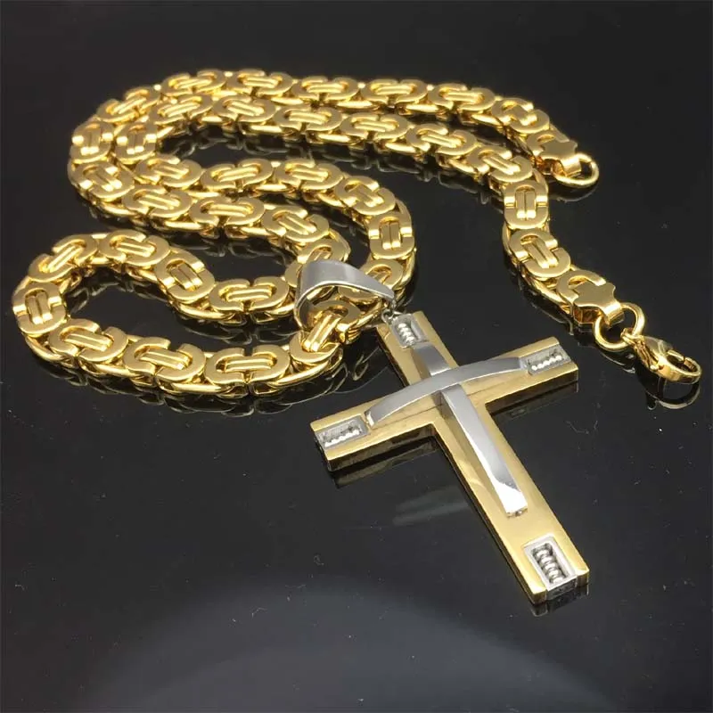 Byzantine Box Chain Link Gold/Silver Tone Men Stainless Steel Cross Pendant Necklace