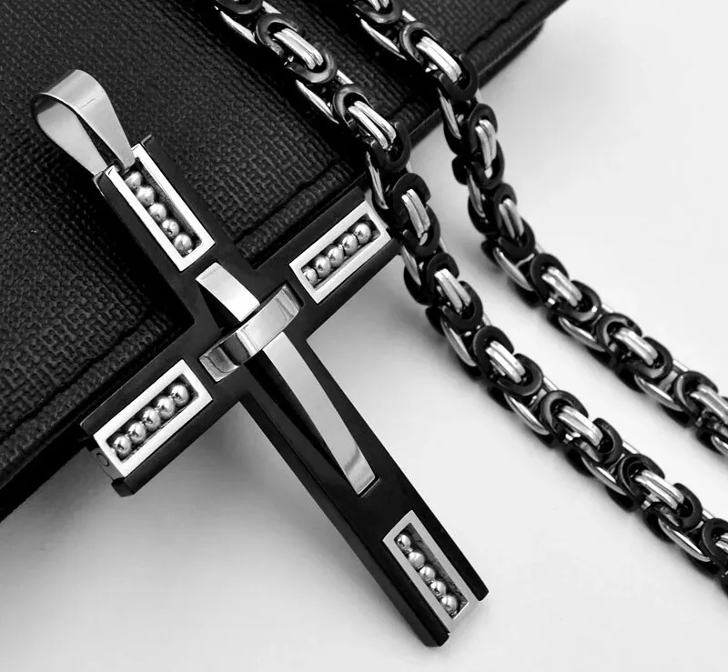 Byzantine Box Chain Link Gold/Silver Tone Men Stainless Steel Cross Pendant Necklace